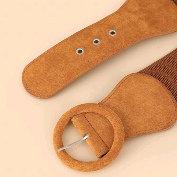Round buckle brown elastic suede corset wide boho stretch waist statement belt - Picture 6 of 6